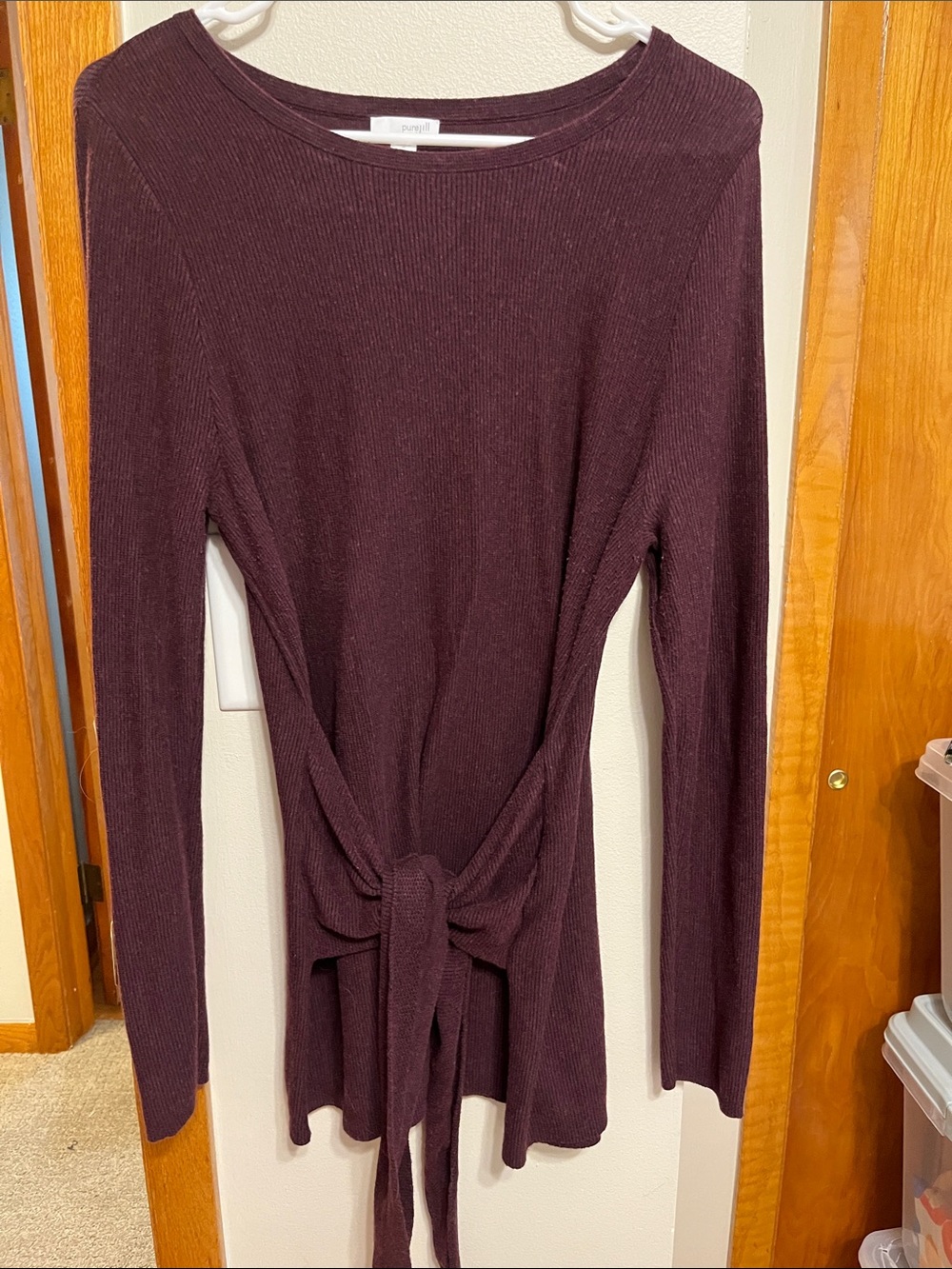 Just Jill Tie-Front Long Sleeve Ribbed Top in Deep Plum